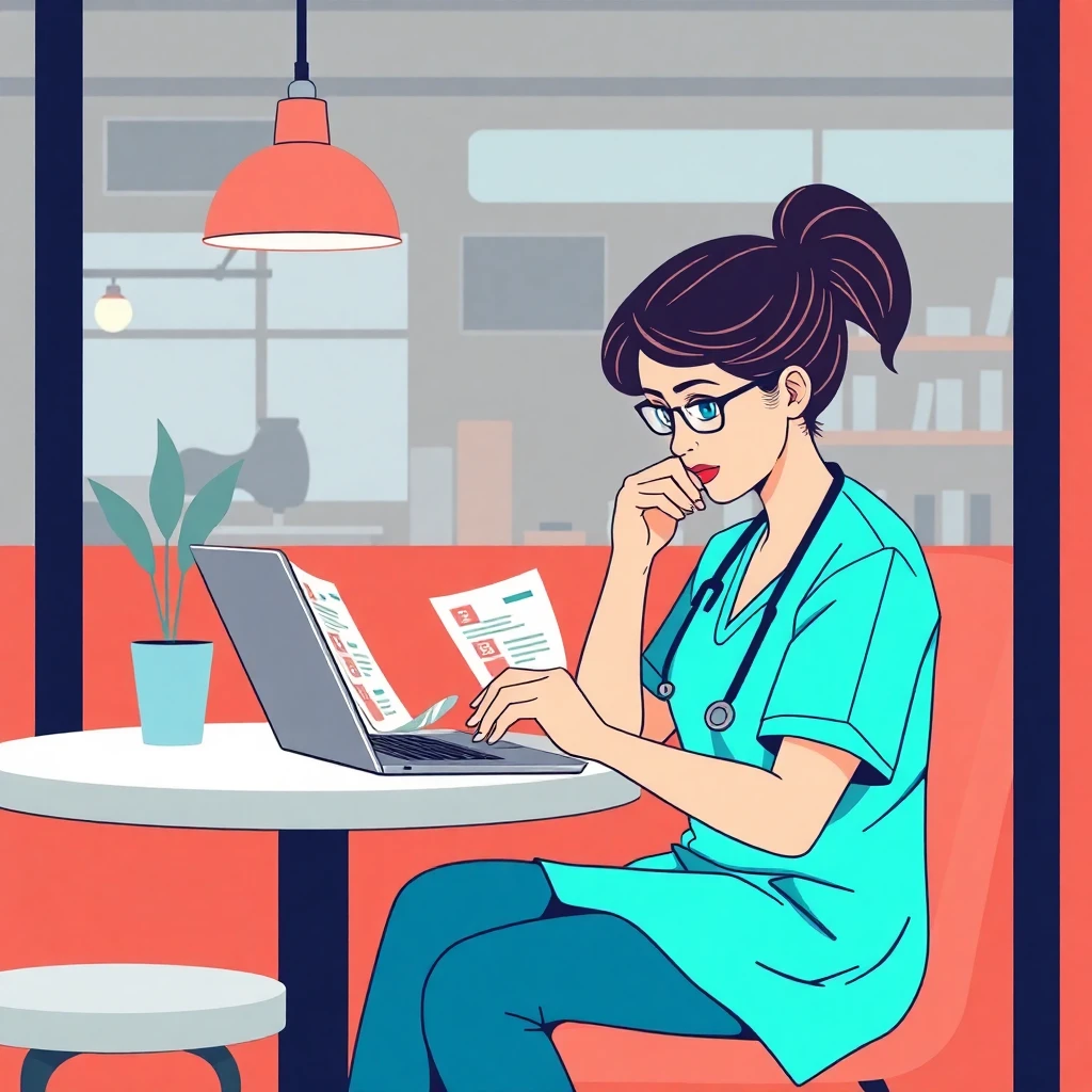 Nurse reviewing job listings in a cafe