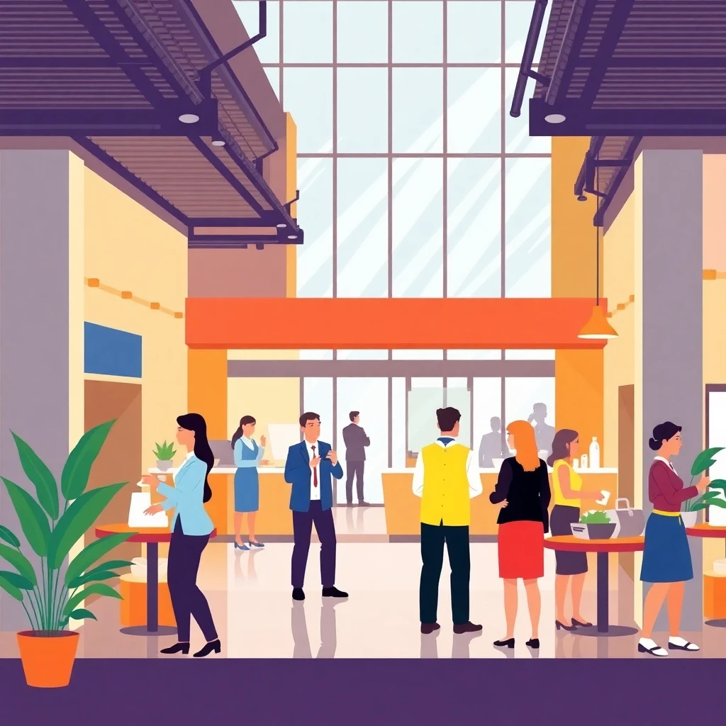 Hotel lobby with staff and guests