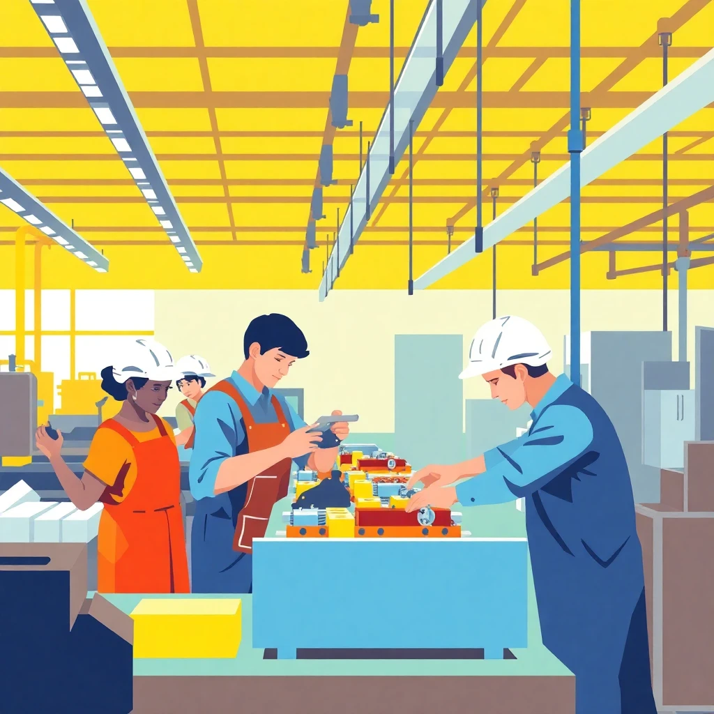 Factory workers on assembly line