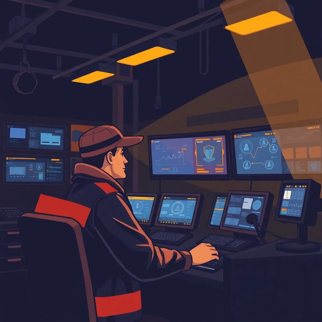 Security guard monitoring cameras