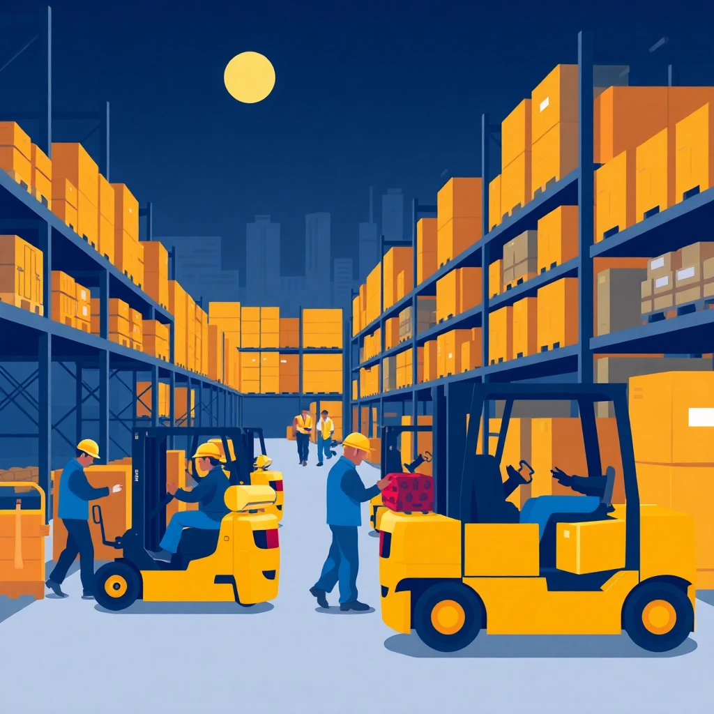 Night shift in a warehouse