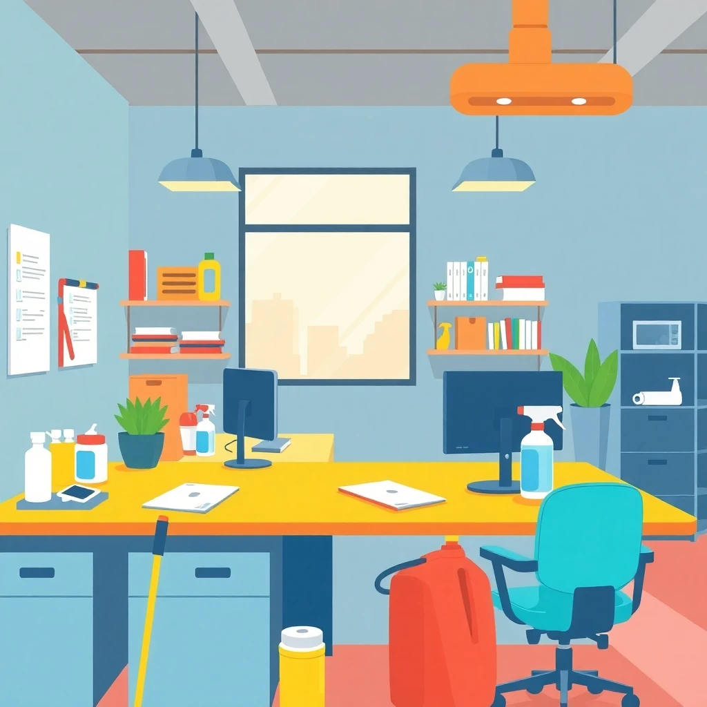 Well-organized cleaning supplies in an office setting