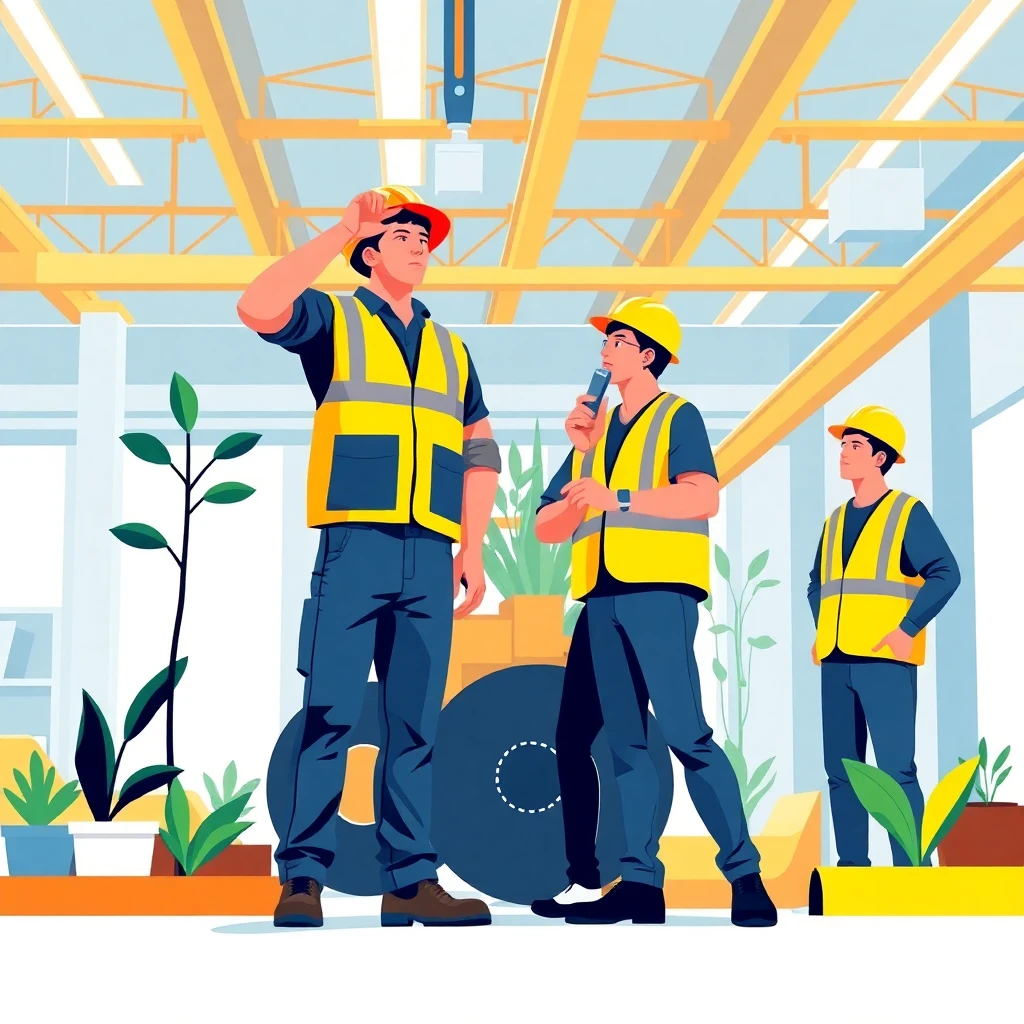 Trabalhadores da construção civil discutindo planos