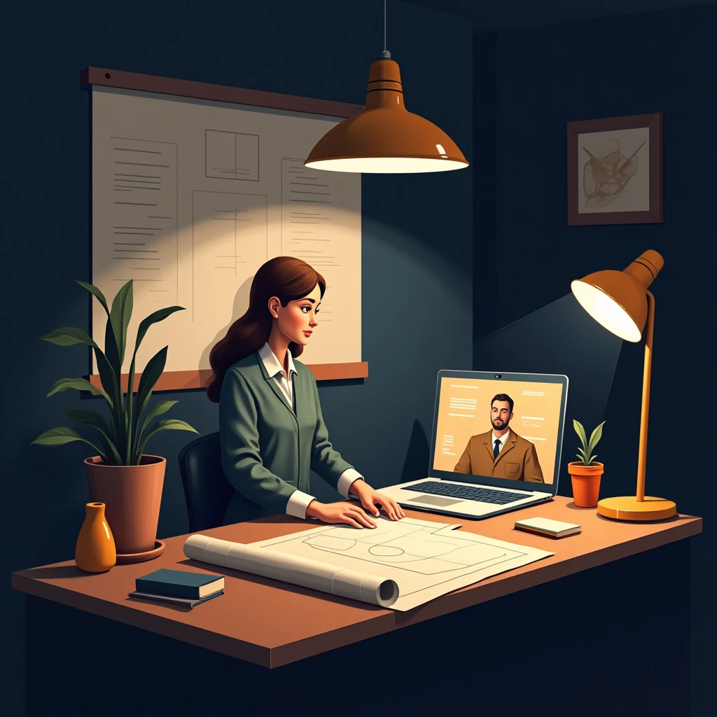 Remote work setup with construction plans