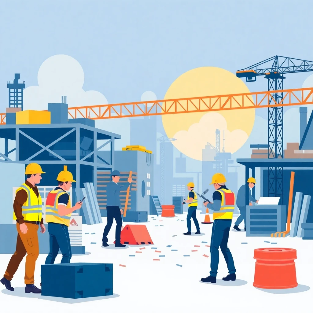 Construction site with tradespeople