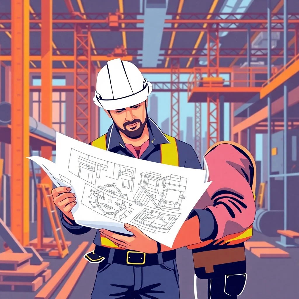 Construction worker reviewing blueprints
