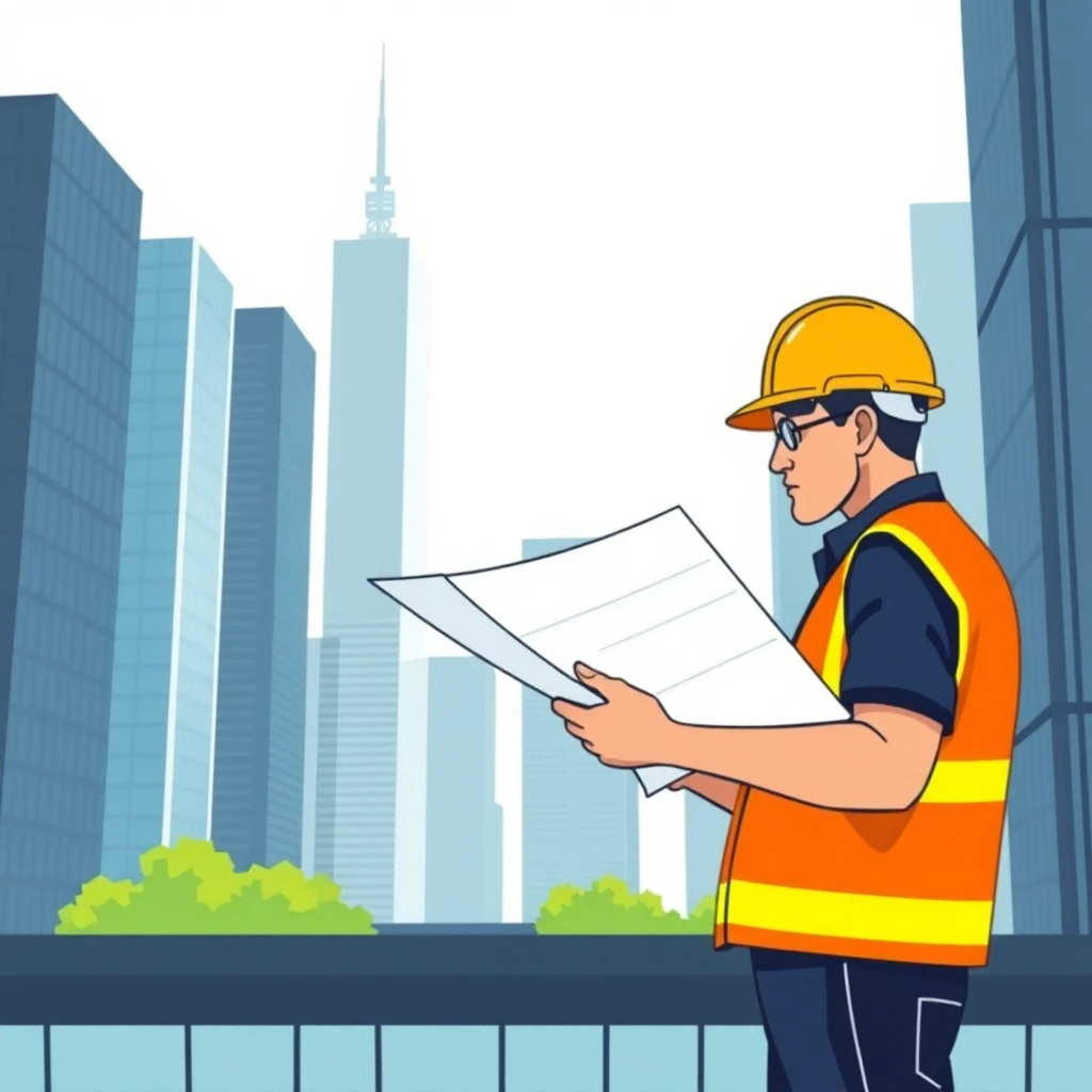 Construction worker examining blueprints