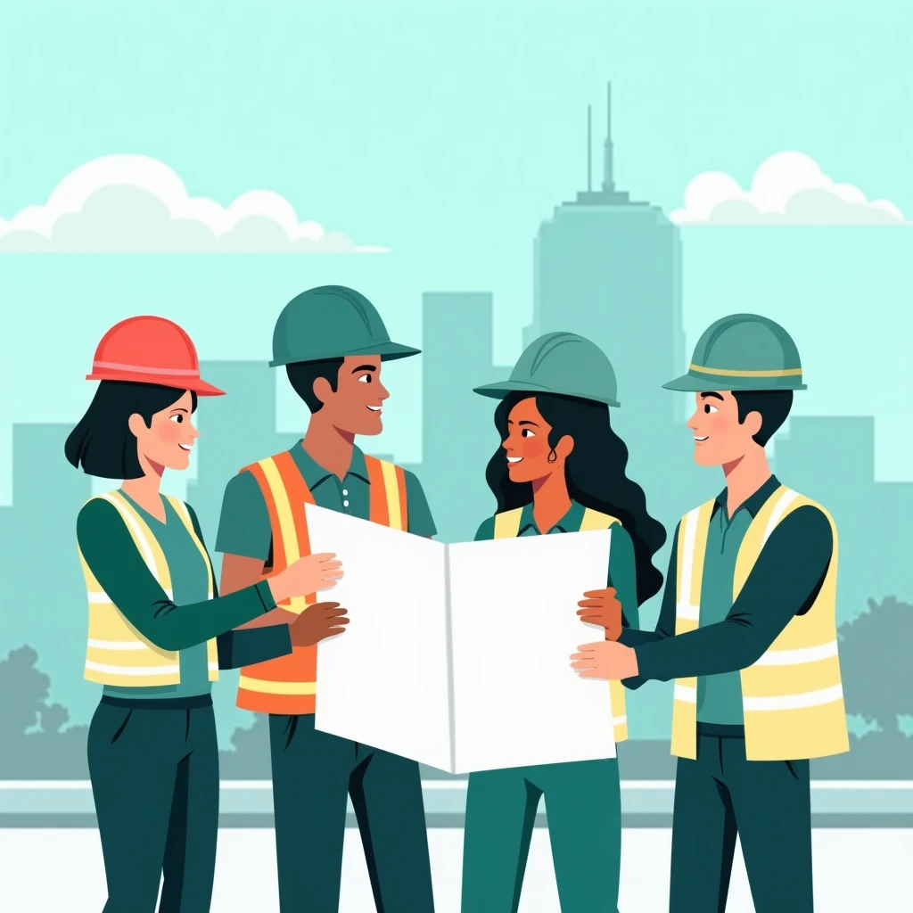 Team reviewing plans on construction site