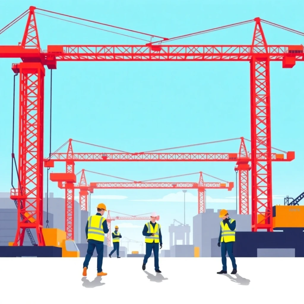 Construction site with cranes and workers