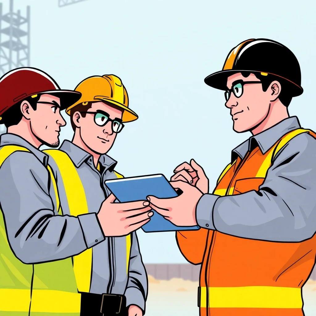 Workers using technology on a construction site