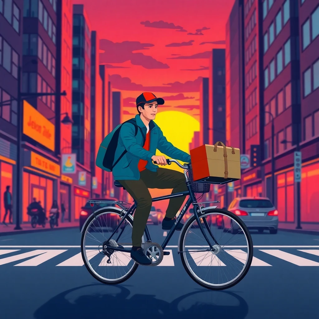 Courier riding through city