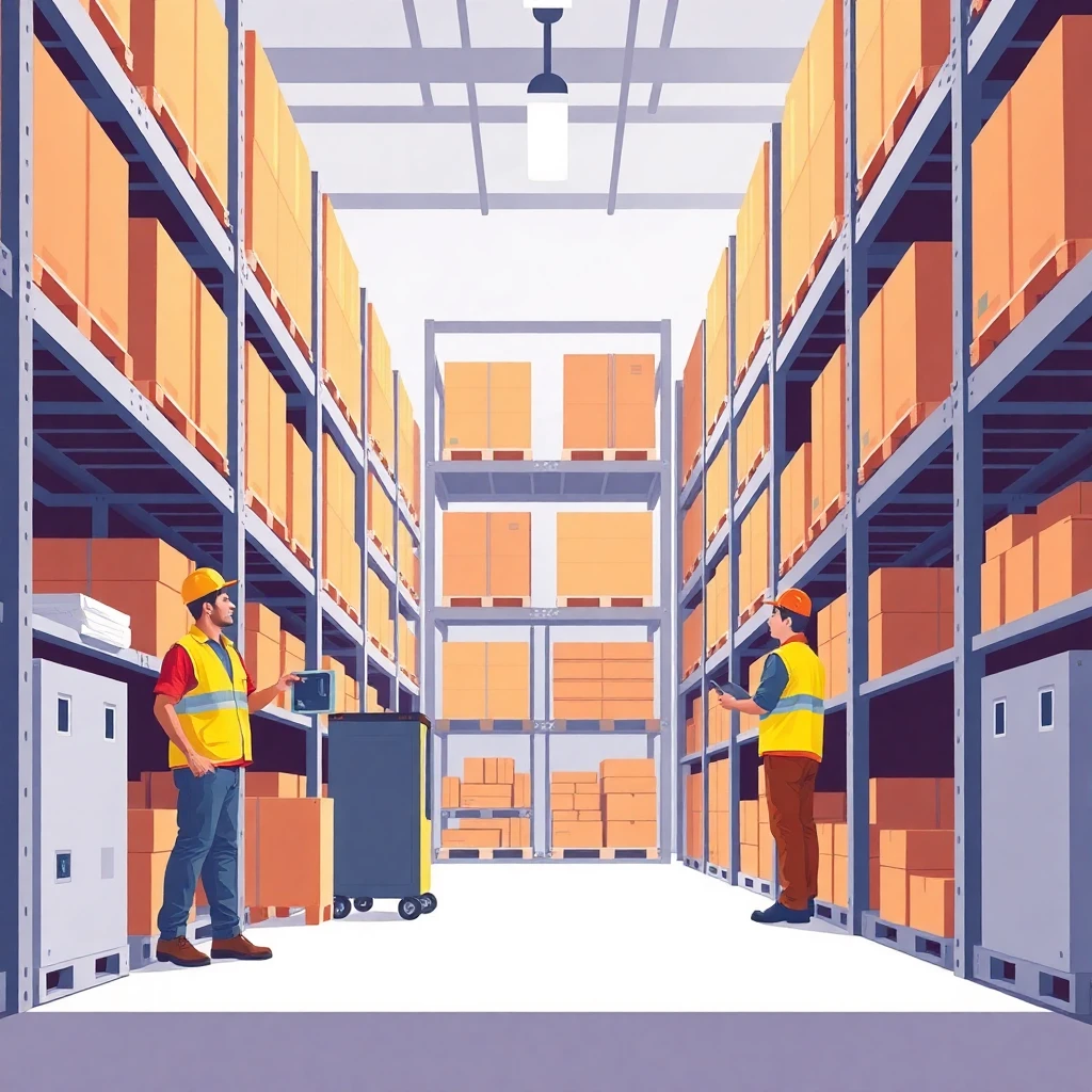 Trabajadores en un almacén organizado