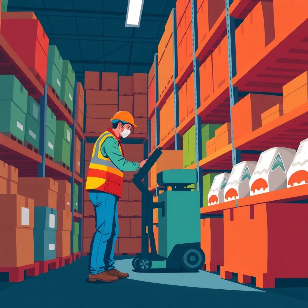 Trabajador de almacén manejando un montacargas