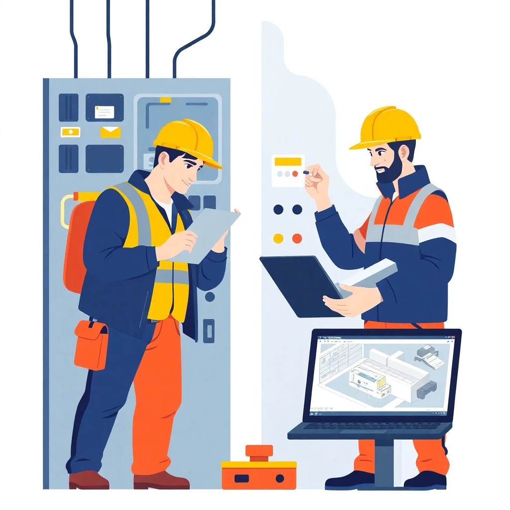 Electricista y proyectista trabajando