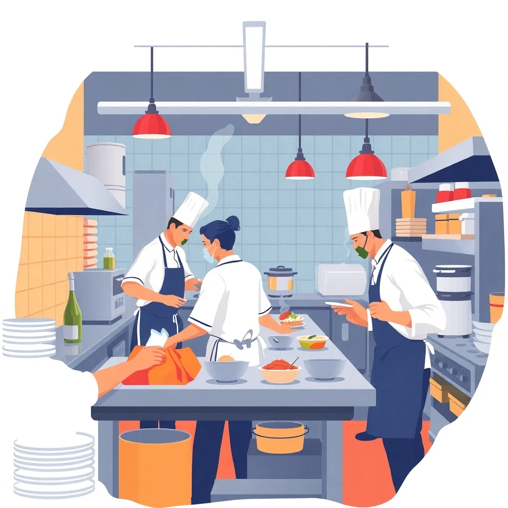 Chefs working in a lively kitchen