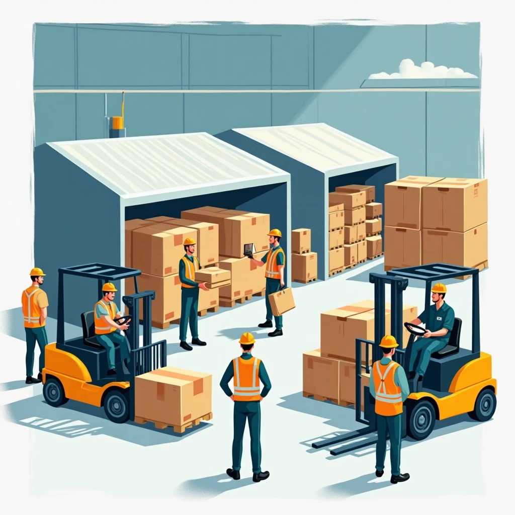 Warehouse setting with active laborers