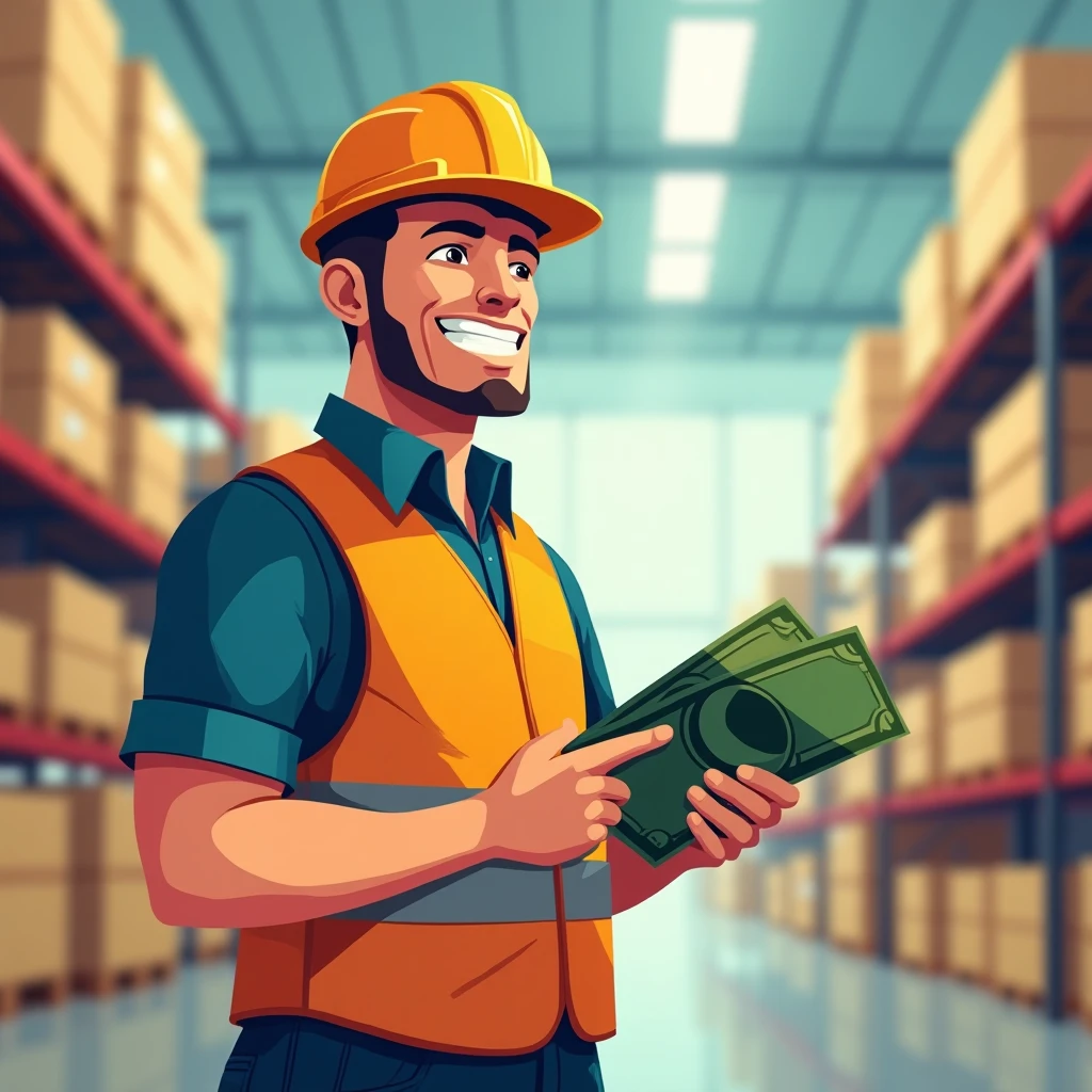 Worker reviewing paycheck in warehouse