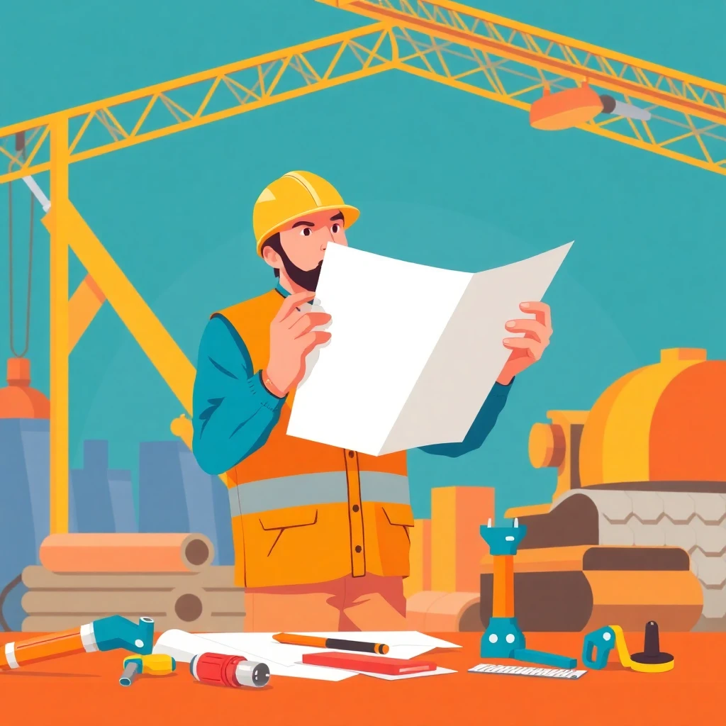 Trabajador de construcción revisando planos