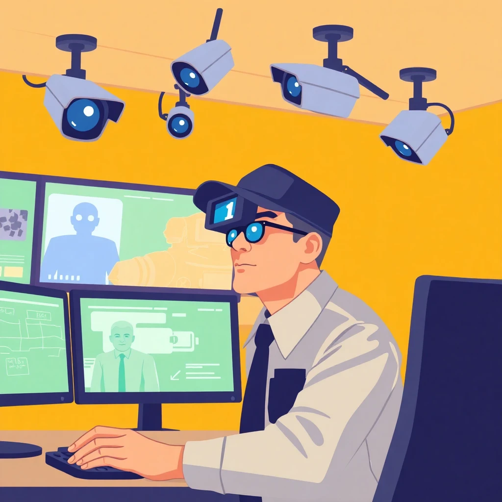 Security officer monitoring cameras