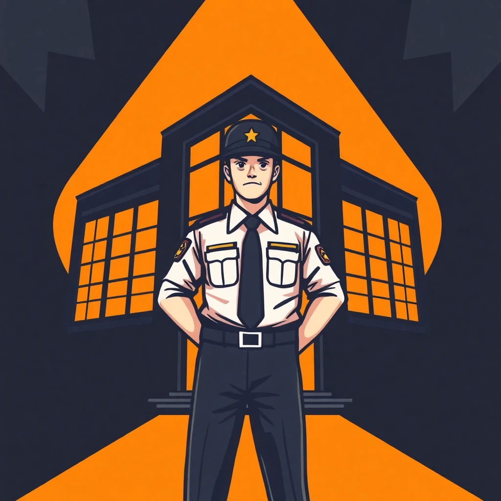 Security officer in front of a building