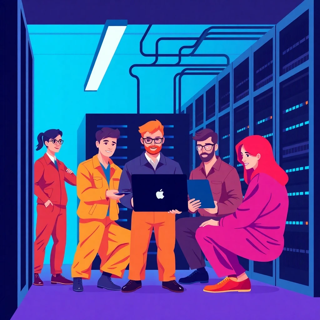 Team working in server room