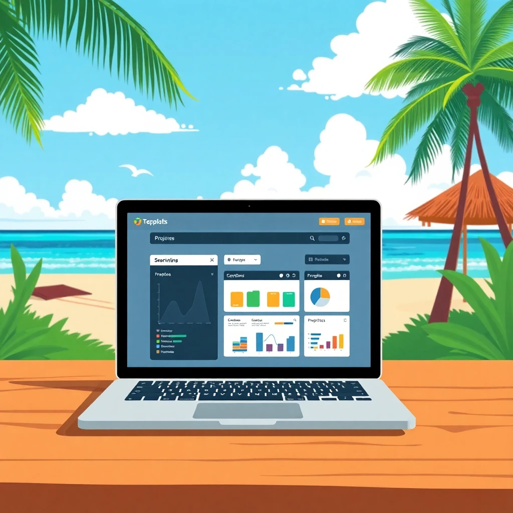 Laptop on beach desk