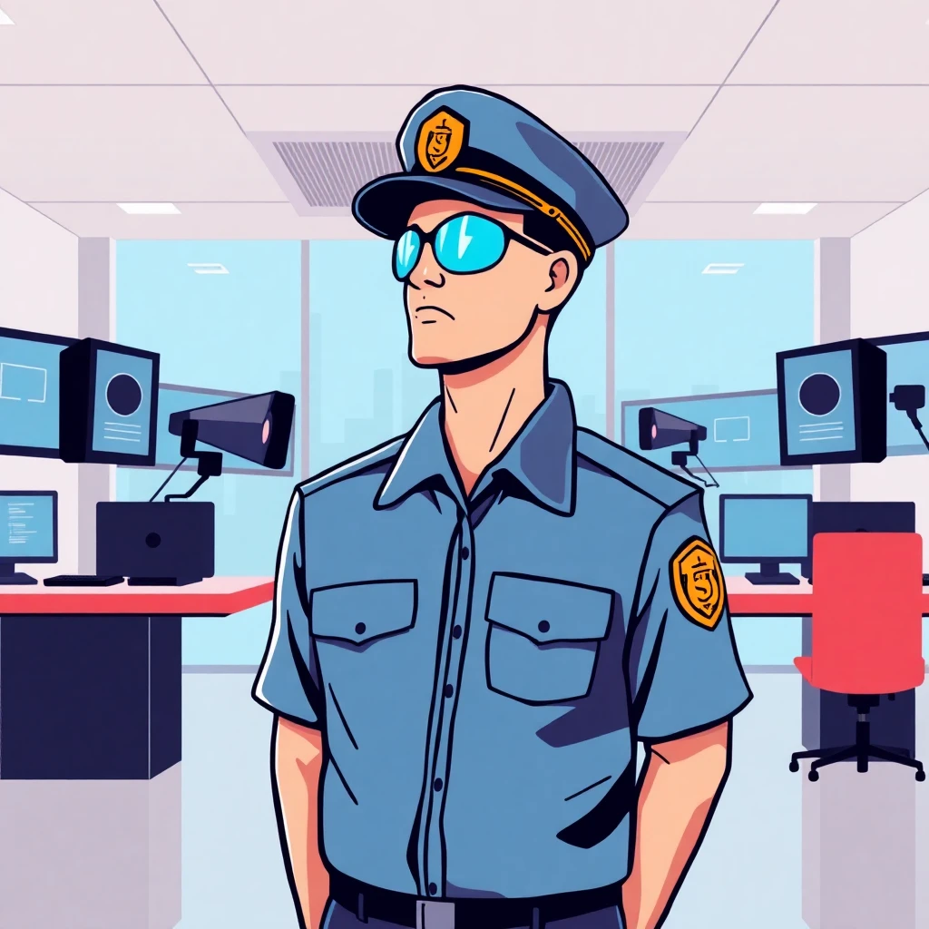 Security guard monitoring screens