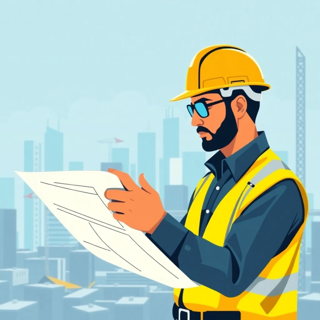 Trabajador de construcción revisando planos